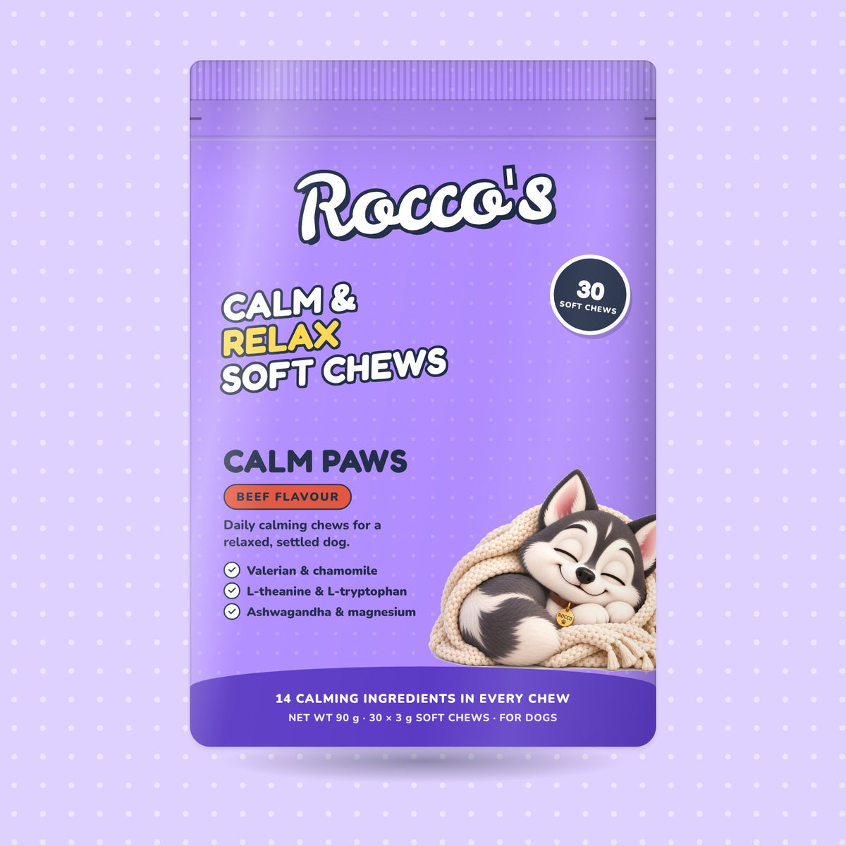Calm Paws soft chews, beef flavour, front of pack