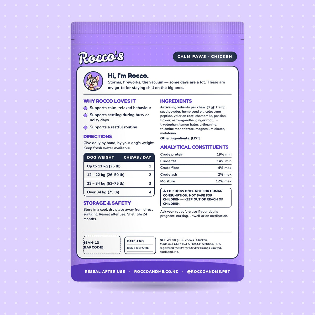 Calm Paws soft chews, chicken flavour, back of pack