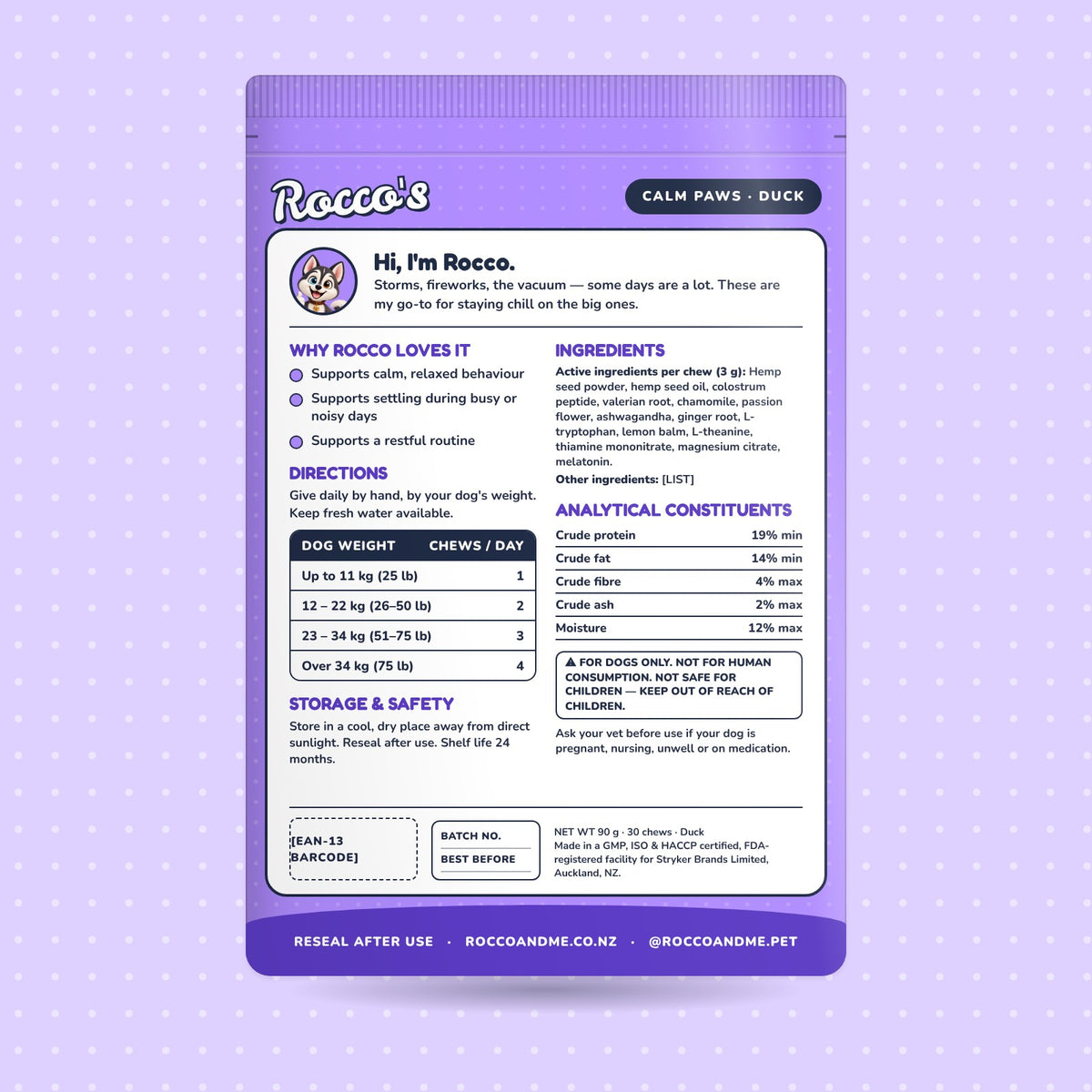 Calm Paws soft chews, duck flavour, back of pack