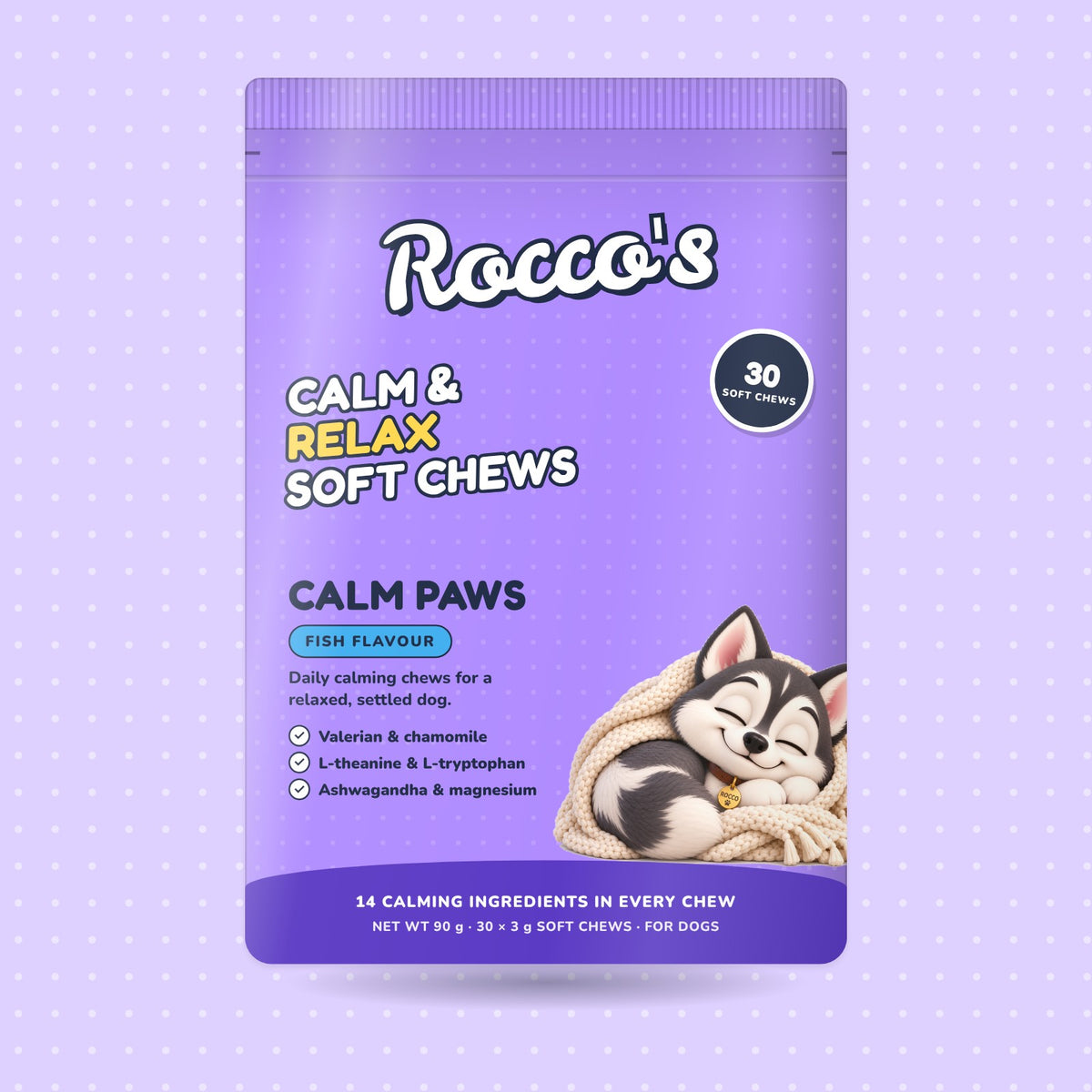 Calm Paws soft chews, fish flavour, front of pack