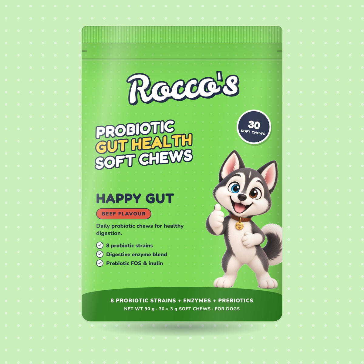 Happy Gut soft chews, beef flavour, front of pack