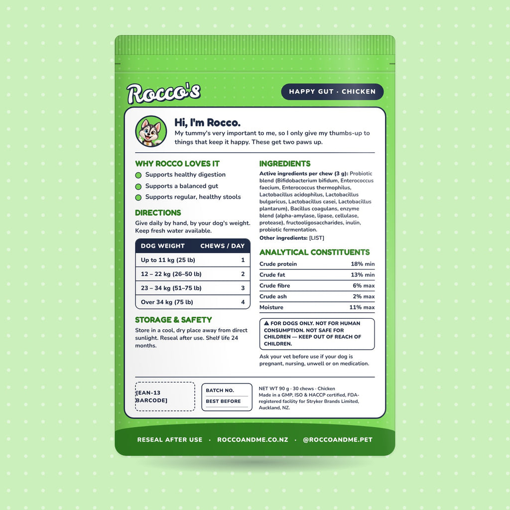 Happy Gut soft chews, chicken flavour, back of pack