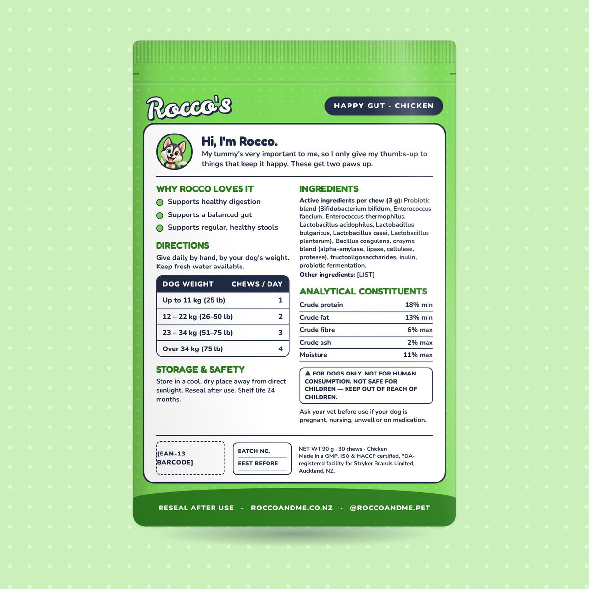 Happy Gut soft chews, chicken flavour, back of pack