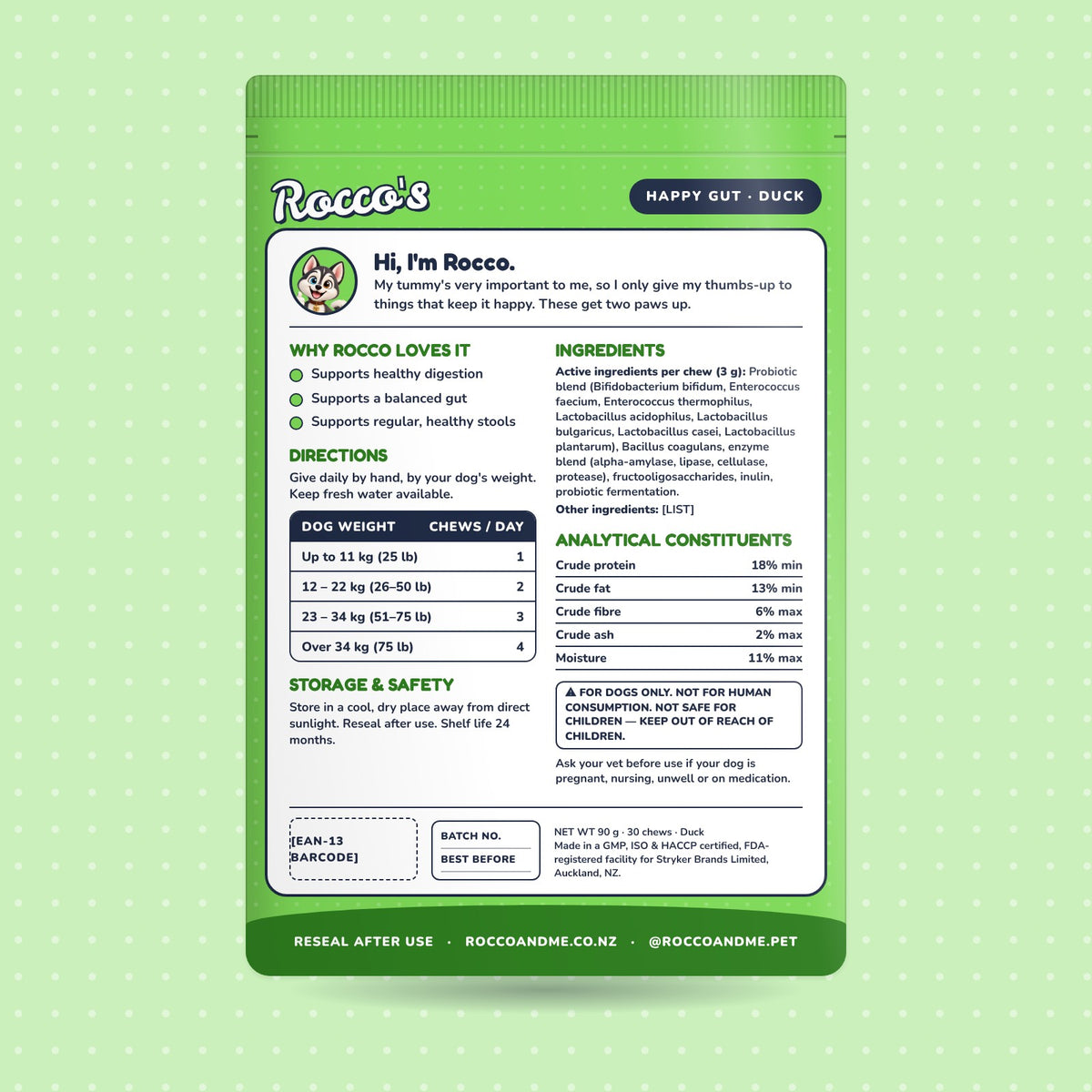 Happy Gut soft chews, duck flavour, back of pack