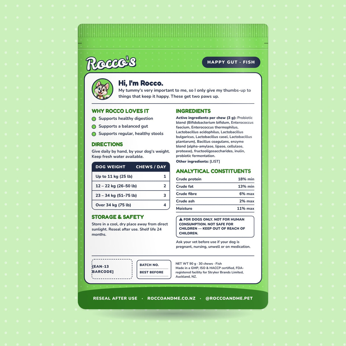 Happy Gut soft chews, fish flavour, back of pack