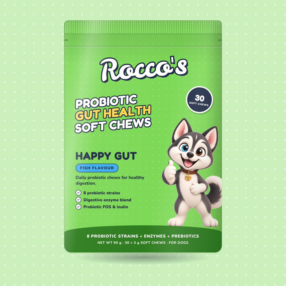 Happy Gut soft chews, fish flavour, front of pack