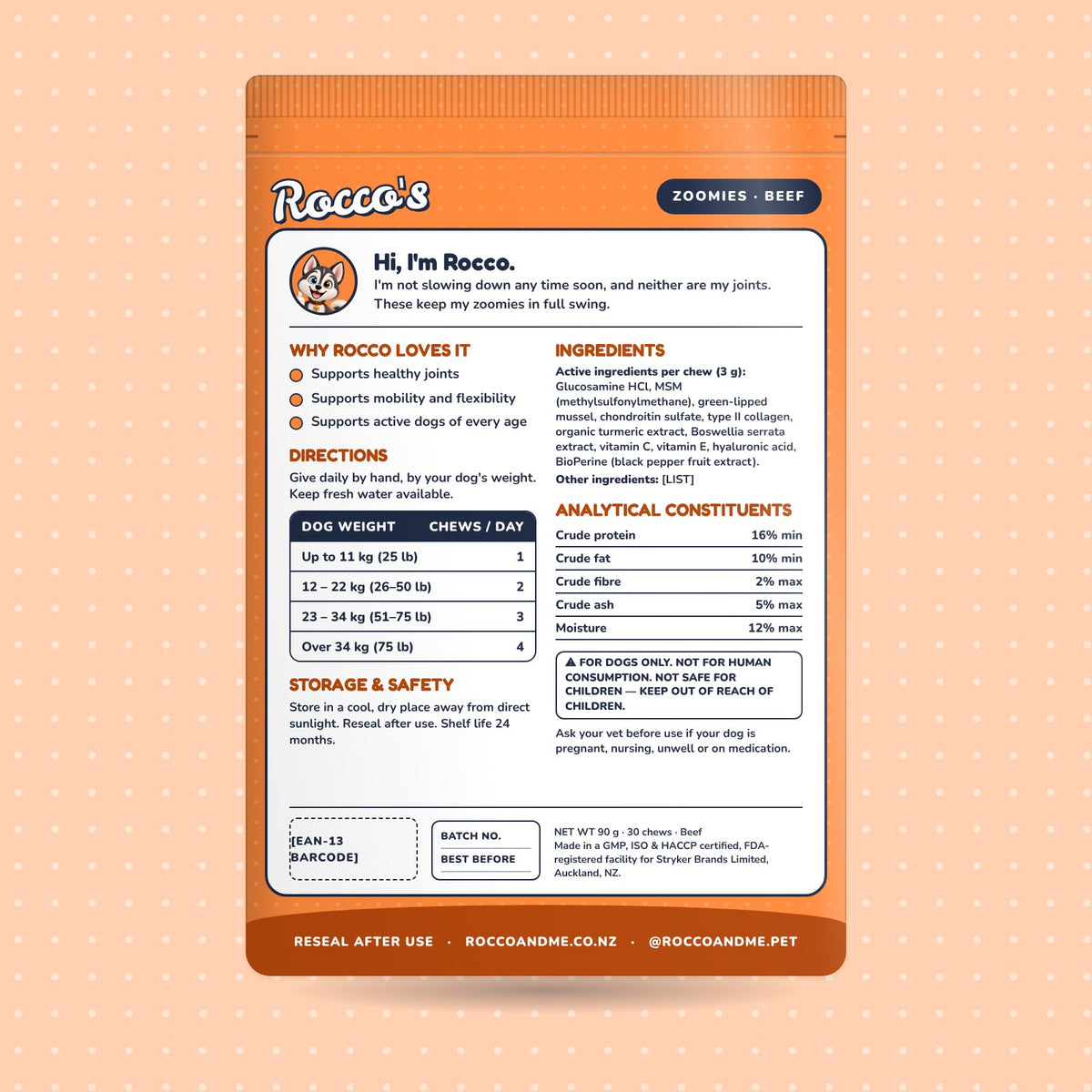 Zoomies soft chews, beef flavour, back of pack