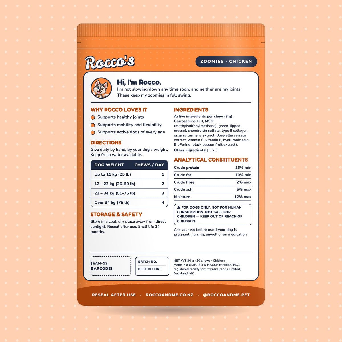 Zoomies soft chews, chicken flavour, back of pack