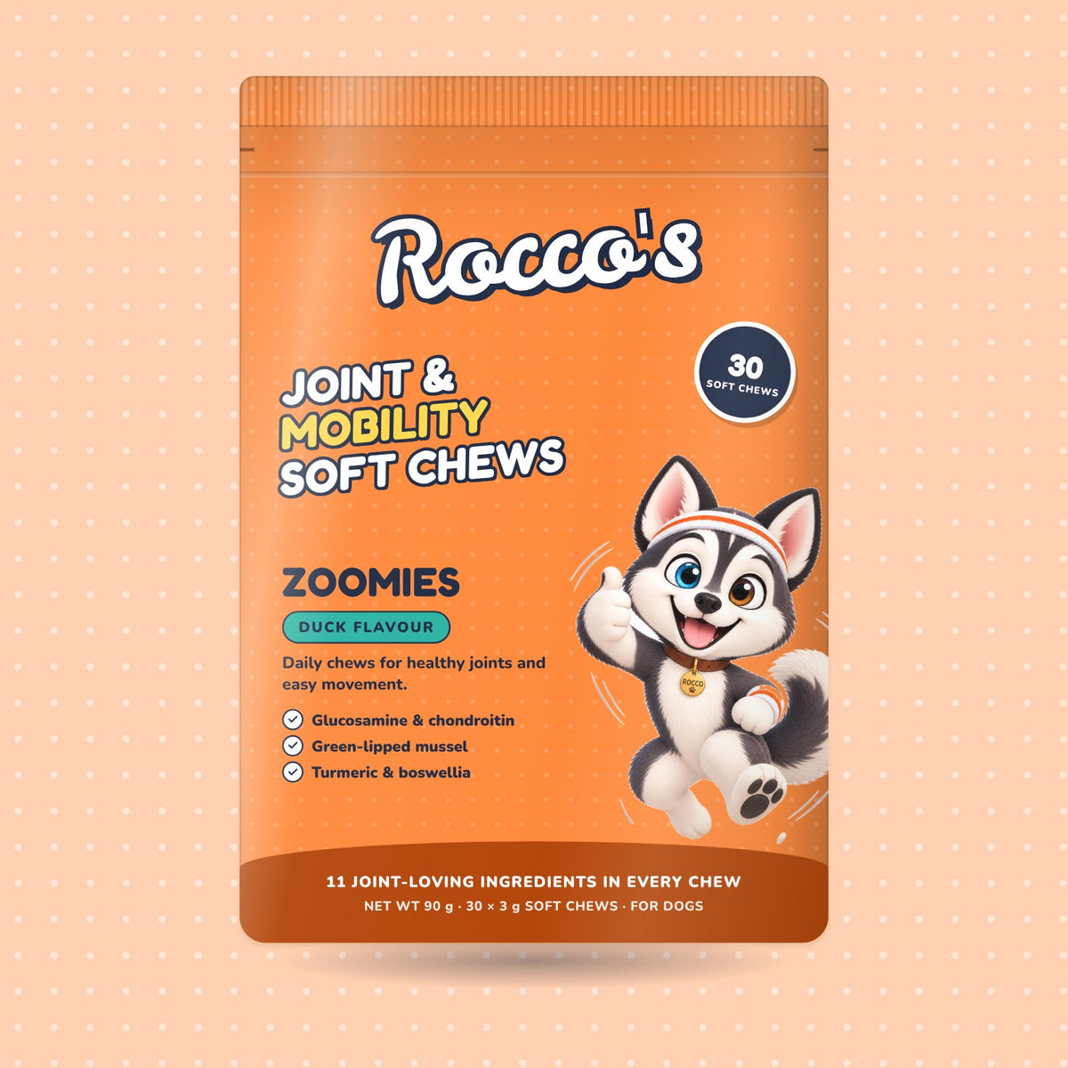 Zoomies soft chews, duck flavour, front of pack